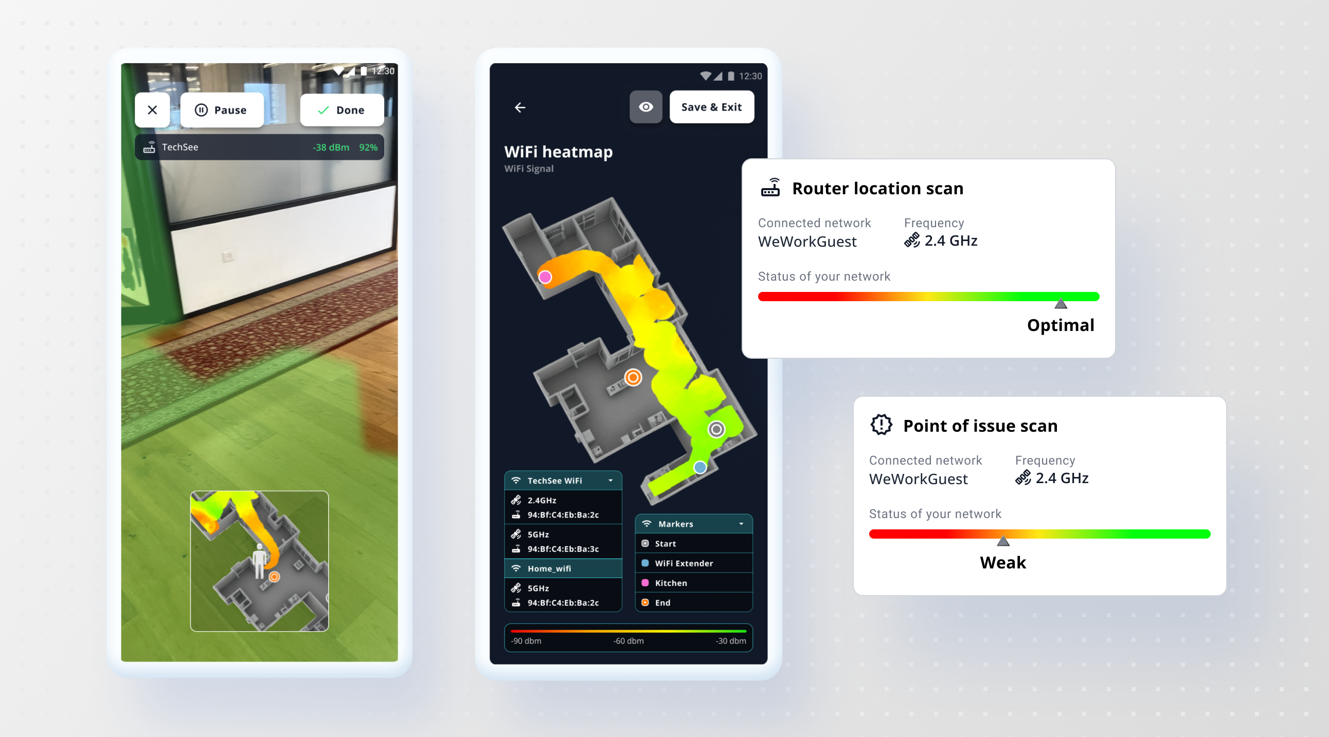 Connectivity Guru on three phone screens: the AR walk with its live heat map, the finished WiFi heat map over the floor plan, and the scan results