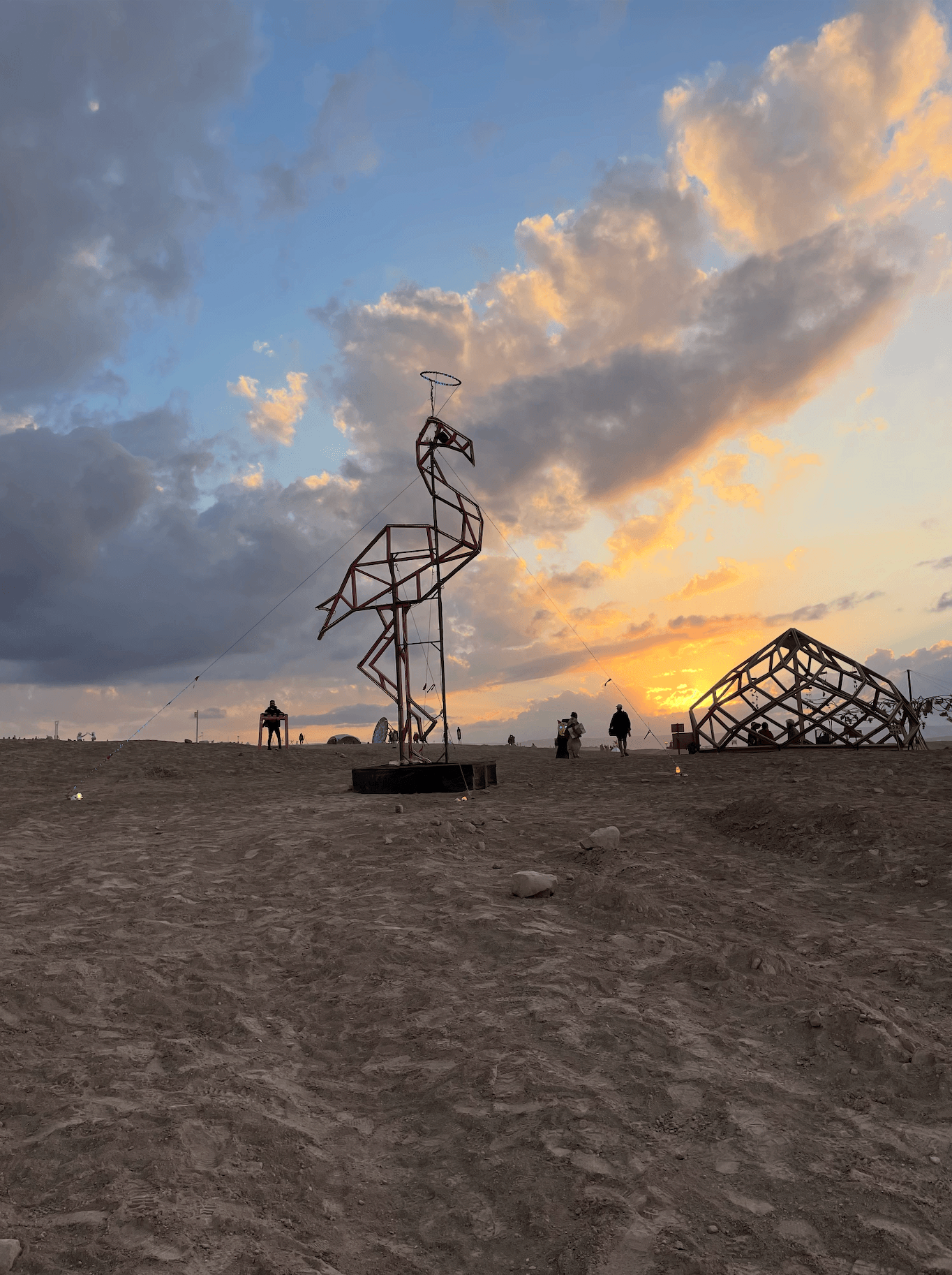 The finished flamingo sculpture at sunset