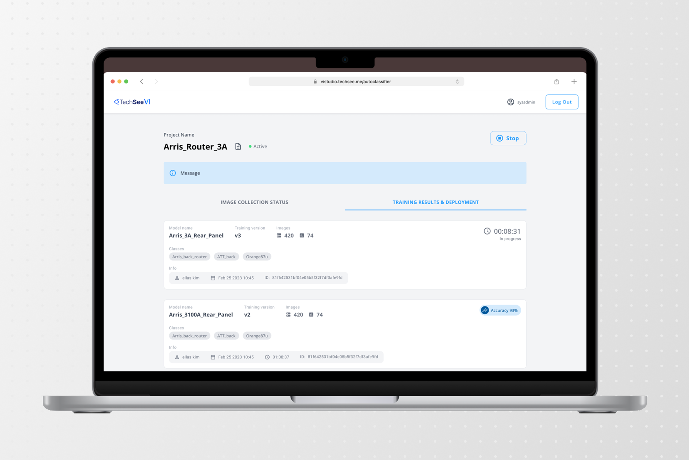 Auto-Classifier training results and deployment dashboard on a laptop